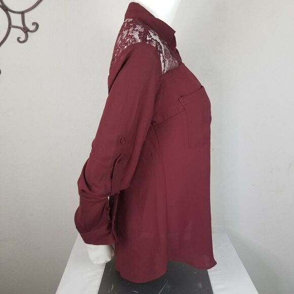 Express Lace Embellished Button Front Maroon Top - Picture 4 of 10
